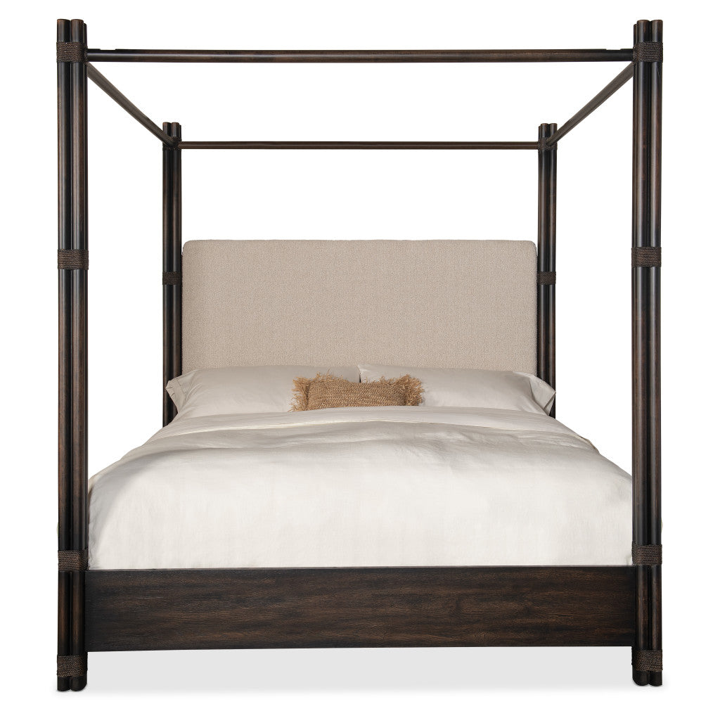 Retreat Pole Rattan King Upholstered Poster Bed withCanopy