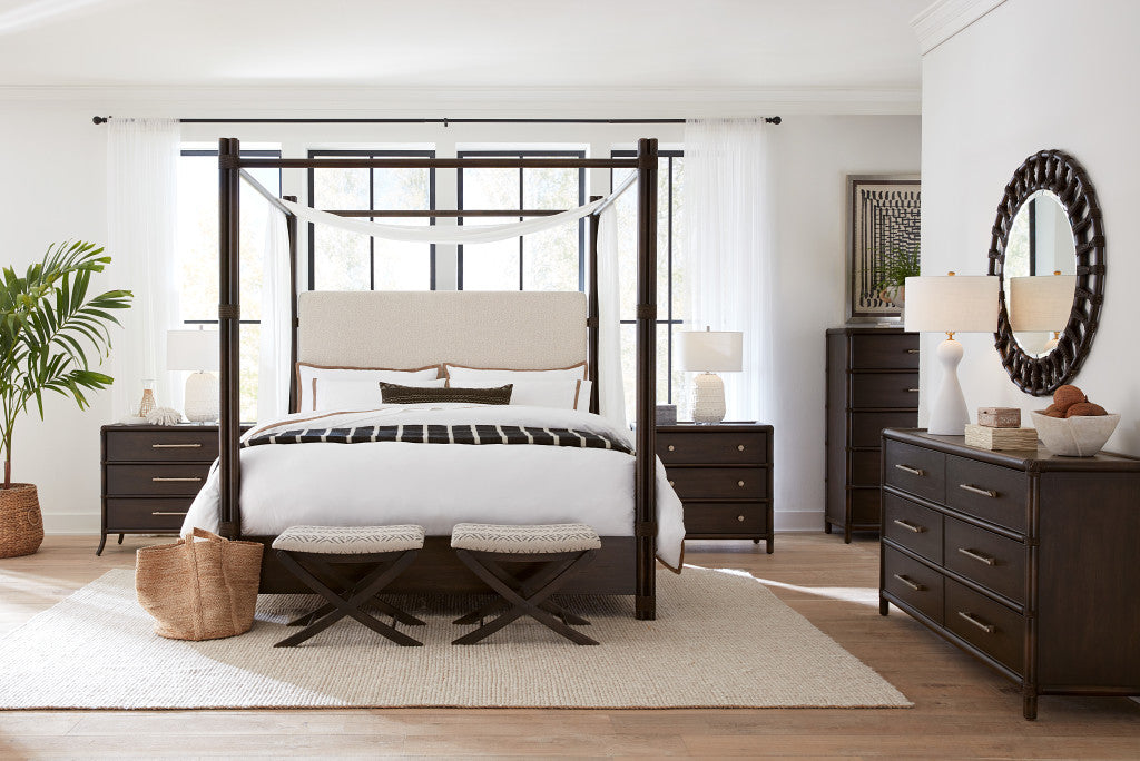Retreat Pole Rattan Cal King Upholstered Poster Bed withCanopy